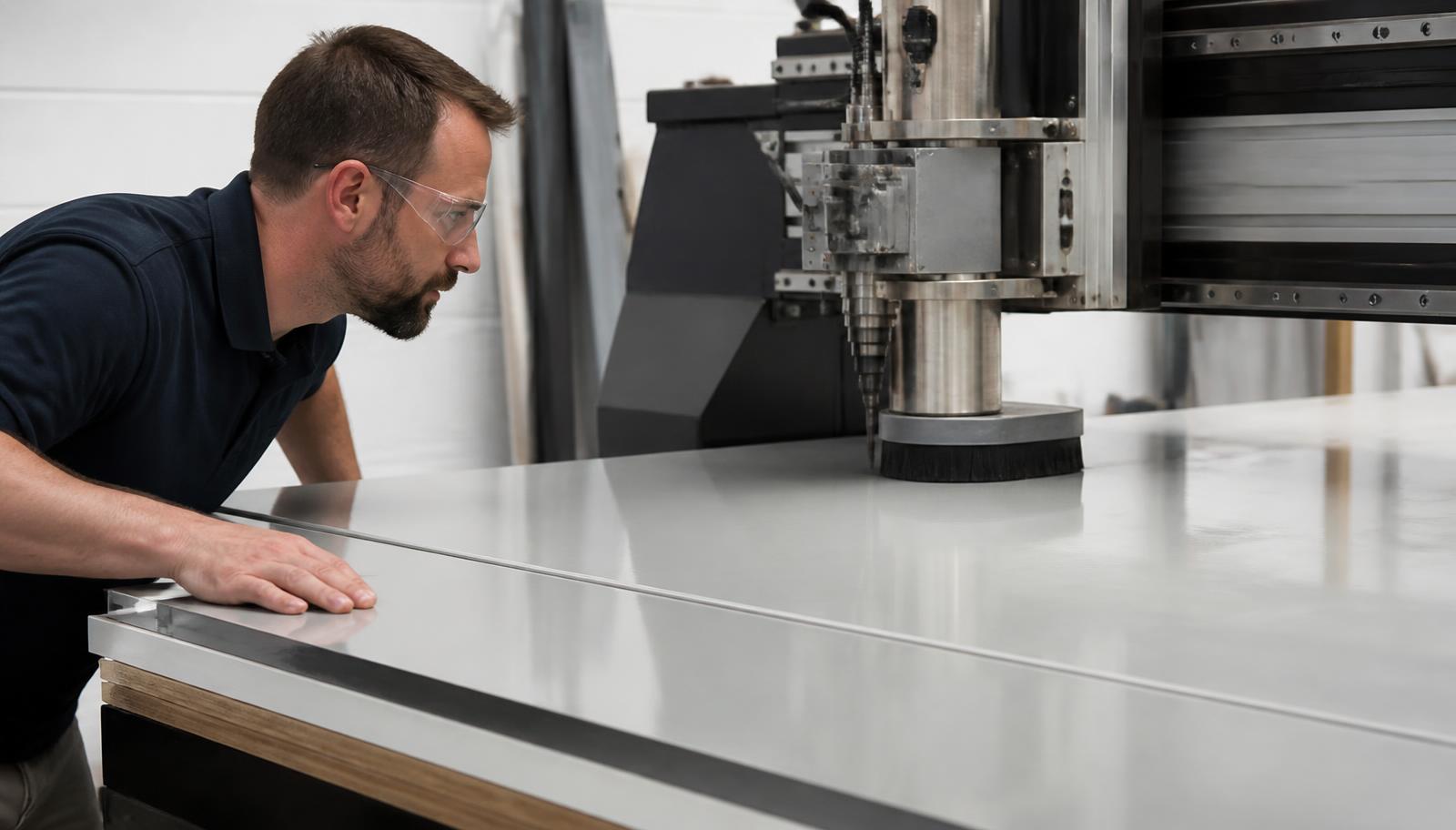 Router CNC cortando chapa de ACM com cabeçote flutuante aplicando pressão sobre a peça, vista lateral do operador avaliando o vinco